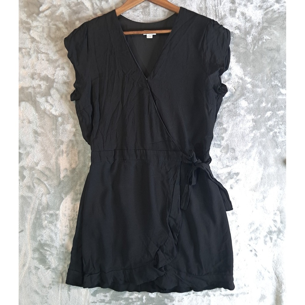 LOFT Black Ruffled Wrap Mini Dress Size 10 Cap Sleeve V-Neck Flounce Hem Rayon